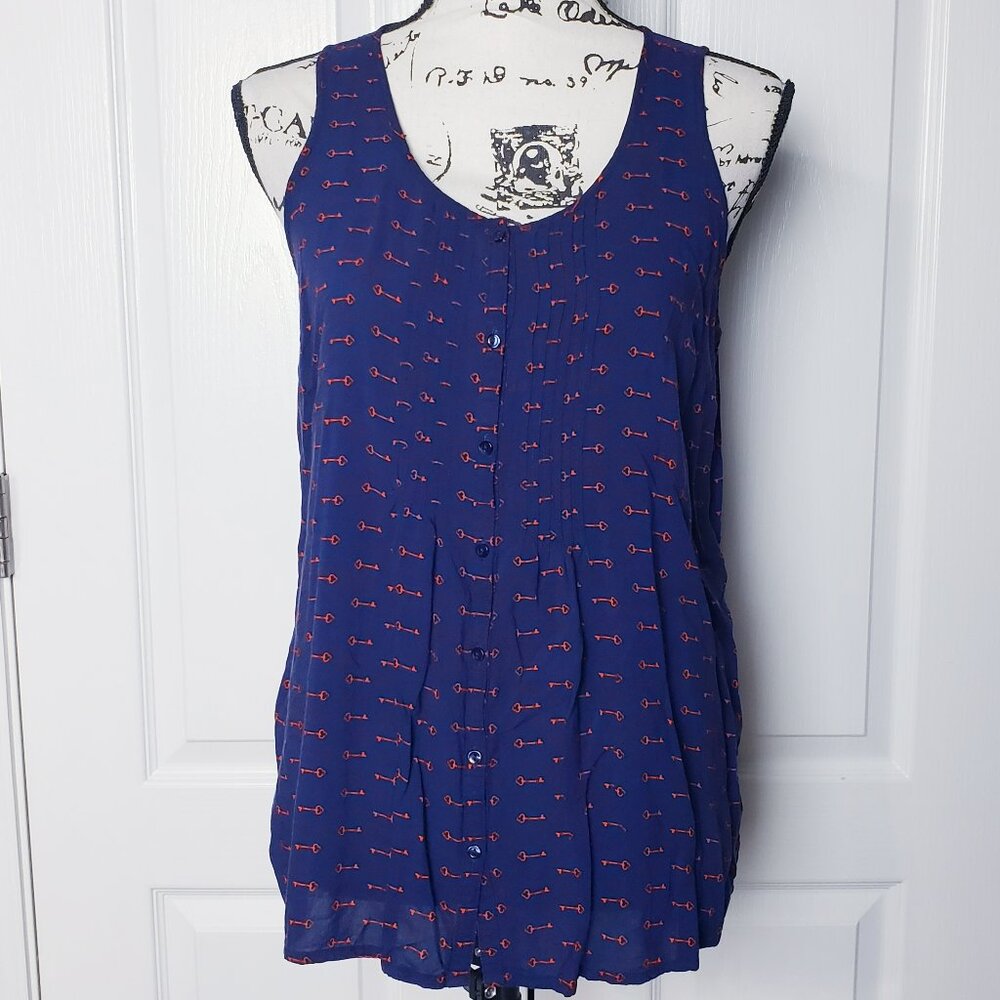 Old Navy Sleeveless Top Navy Blue Red Key Print Sz M